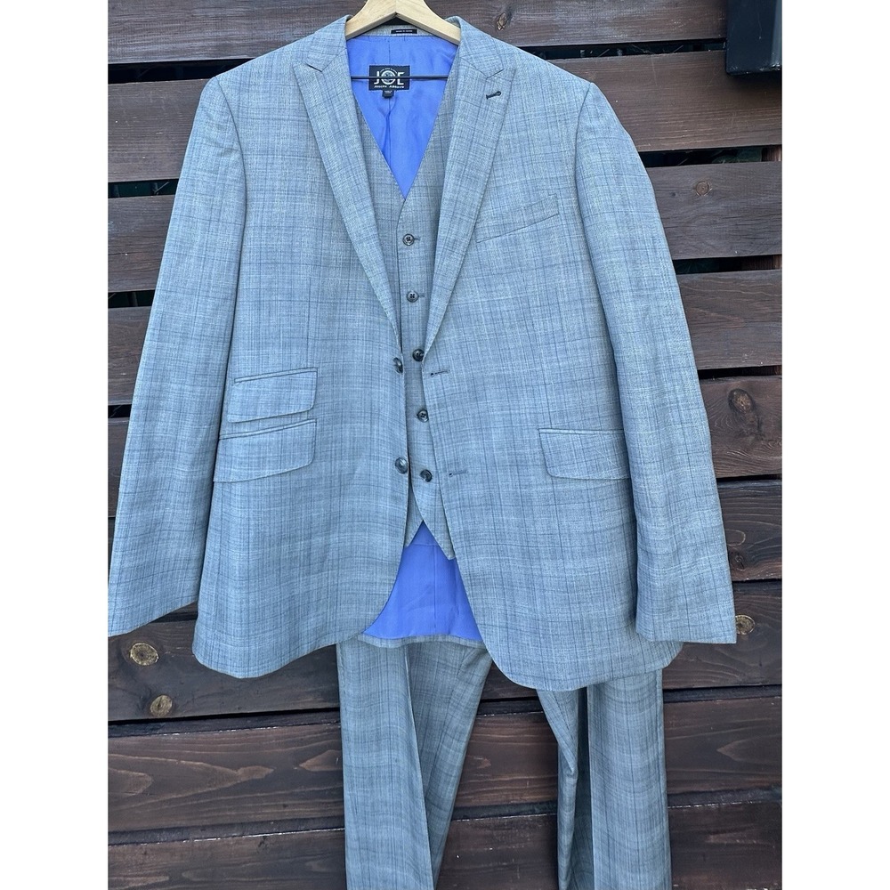 joe joseph abboud 3 Piece Suit Gray Plaid 44L Blazer 40R Pants Plus Vest - Picture 2 of 6
